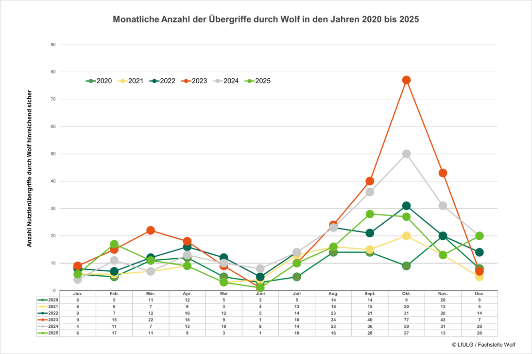 Grafische Darstellung der Anzahl Übergriffe pro Monat für die Jahre 2020 bis 2025
