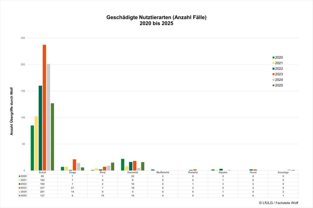 Grafische Darstellung in wie vielen Fällen bei Übergriffen auf Nutztiere welche (Weide)Tierart geschädigt wurde für die Jahre 2020 bis 2025