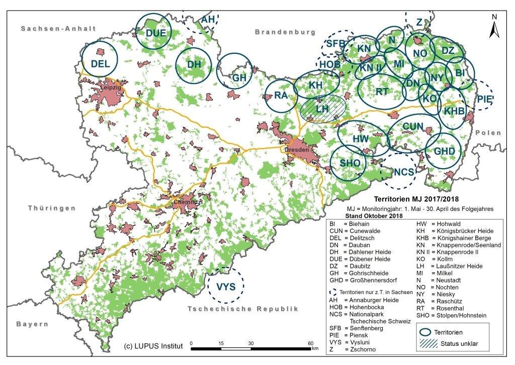 Karte von Sachsen mit Darstellung der bestätigten Wolfsterritorien und Gebiete mit Status unklar im Monitoringjahr 2017/2018