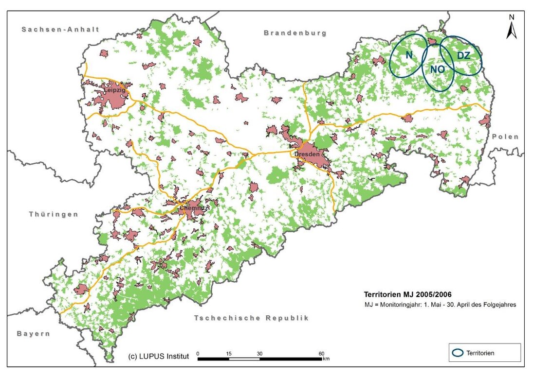 Karte von Sachsen mit Darstellung der bestätigten Wolfsterritorien und Gebiete mit Status unklar im Monitoringjahr 2005/2006