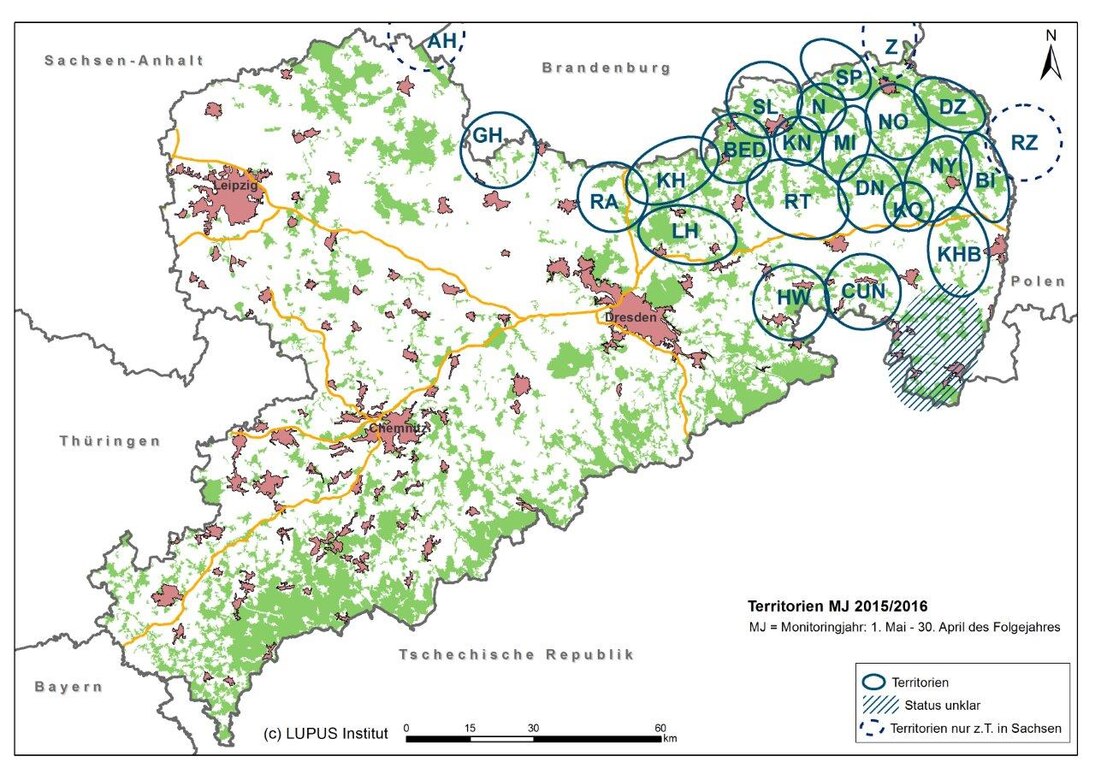 Karte von Sachsen mit Darstellung der bestätigten Wolfsterritorien und Gebiete mit Status unklar im Monitoringjahr 2015/2016