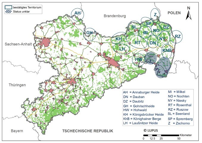 Wolfsvorkommen in Sachsen (Stand April 2016). 