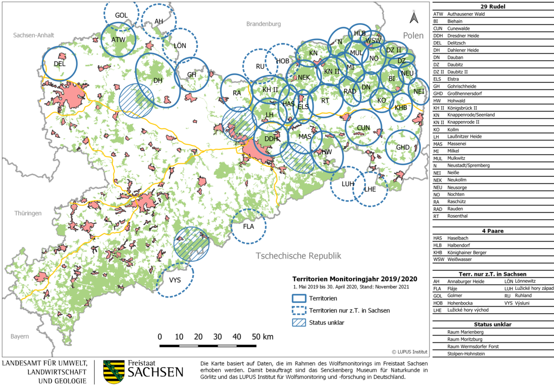 Karte von Sachsen mit Darstellung der bestätigten Wolfsterritorien und Gebiete mit Status unklar im Monitoringjahr 2019/2020