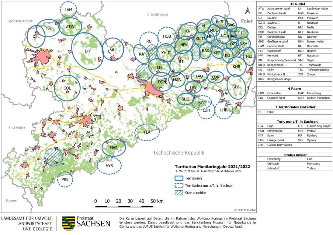 Karte von Sachsen mit Darstellung der bestätigten Wolfsterritorien und Gebiete mit Status unklar im Monitoringjahr 2021/2022 