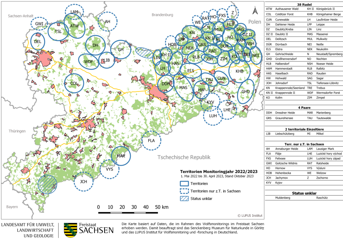 Karte von Sachsen mit Darstellung der bestätigten Wolfsterritorien und Gebiete mit Status unklar im Monitoringjahr 2022/2023 