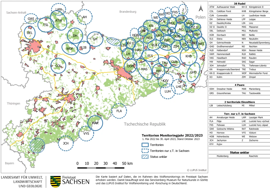 Karte von Sachsen mit Darstellung der bestätigten Wolfsterritorien und Gebiete mit Status unklar im Monitoringjahr 2022/2023