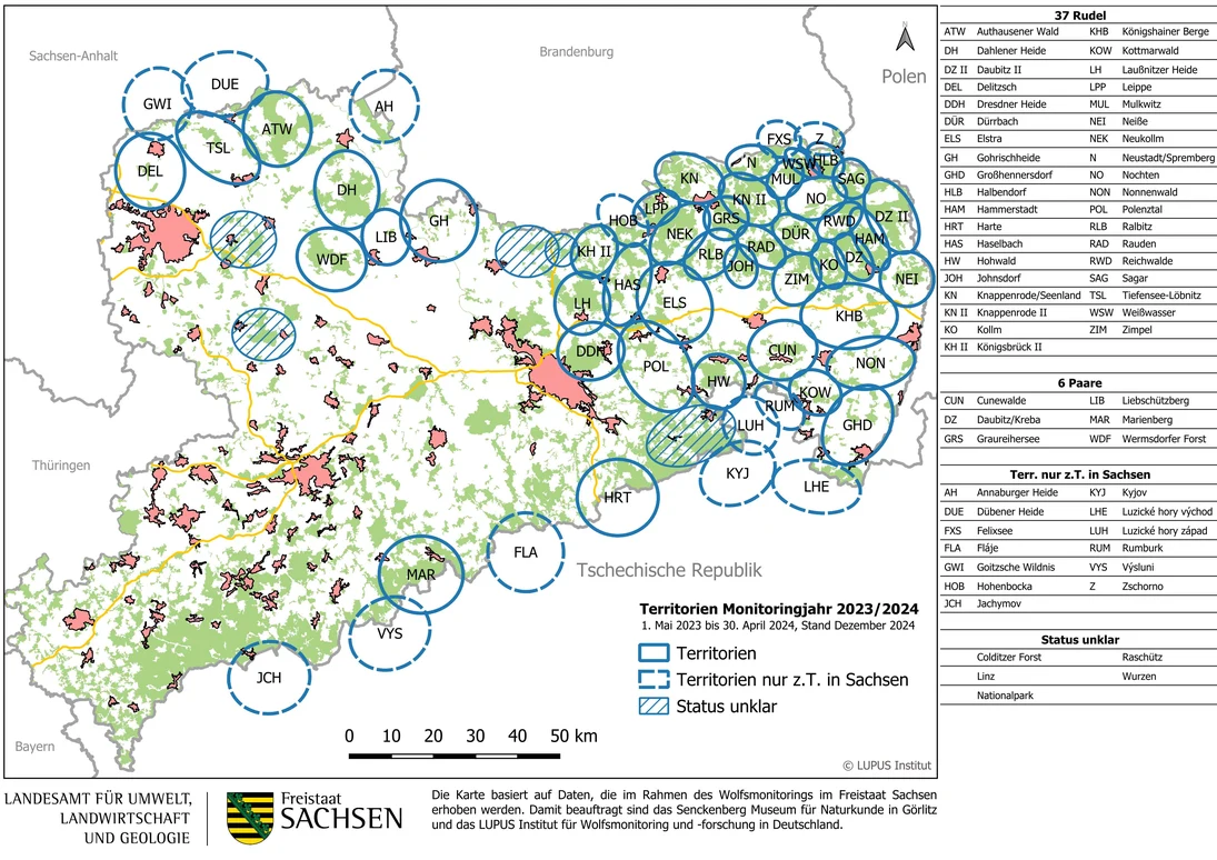 Karte von Sachsen mit Darstellung der bestätigten Wolfsterritorien und Gebiete mit Status unklar im Monitoringjahr 2023/2024