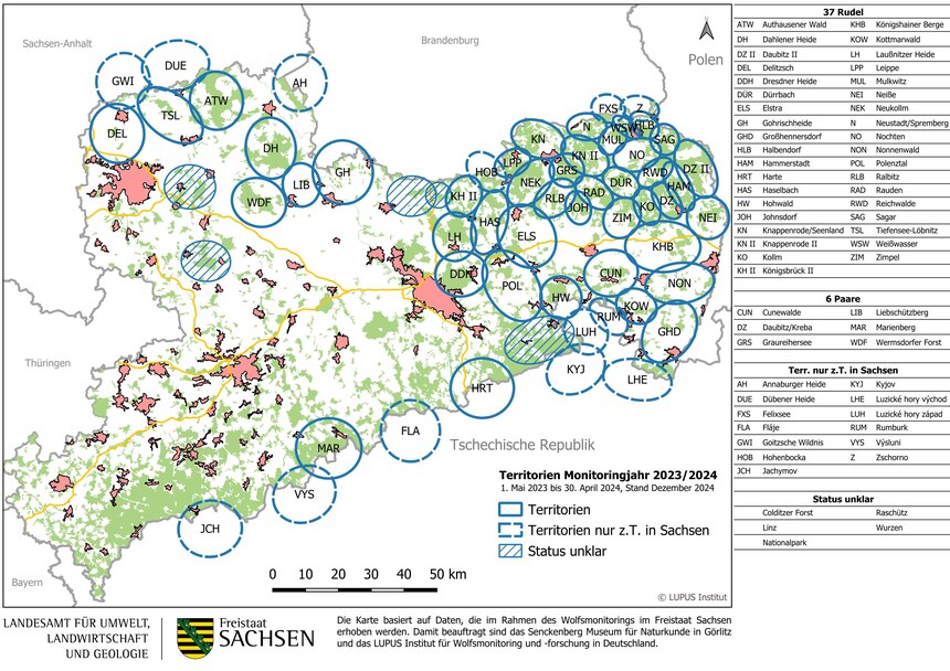 Karte von Sachsen mit Darstellung der bestätigten Wolfsterritorien und Gebiete mit Status unklar im Monitoringjahr 2023/2024