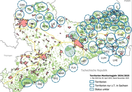 Karte von Sachsen mit den Wolfsterritorien eingezeichnet
