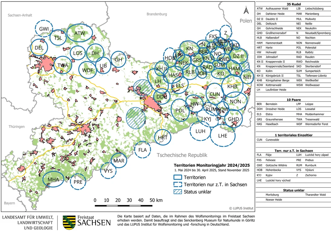 Karte von Sachsen mit den Wolfsterritorien eingezeichnet