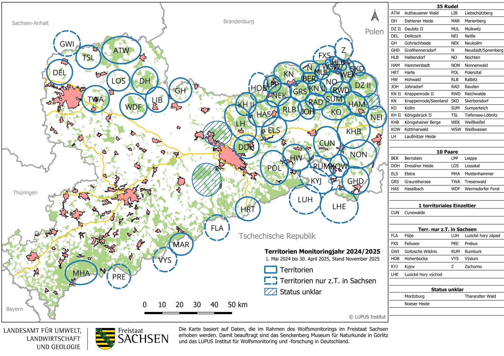 Karte von Sachsen mit den Wolfsterritorien eingezeichnet