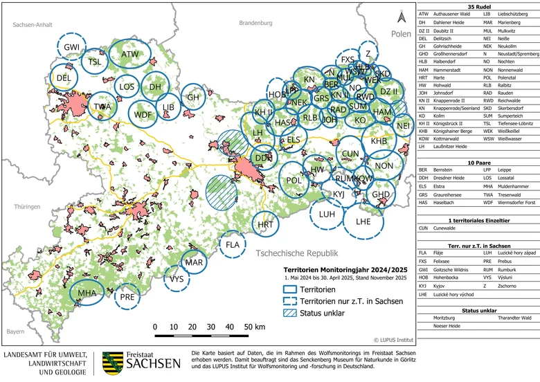Karte von Sachsen mit den Wolfsterritorien eingezeichnet