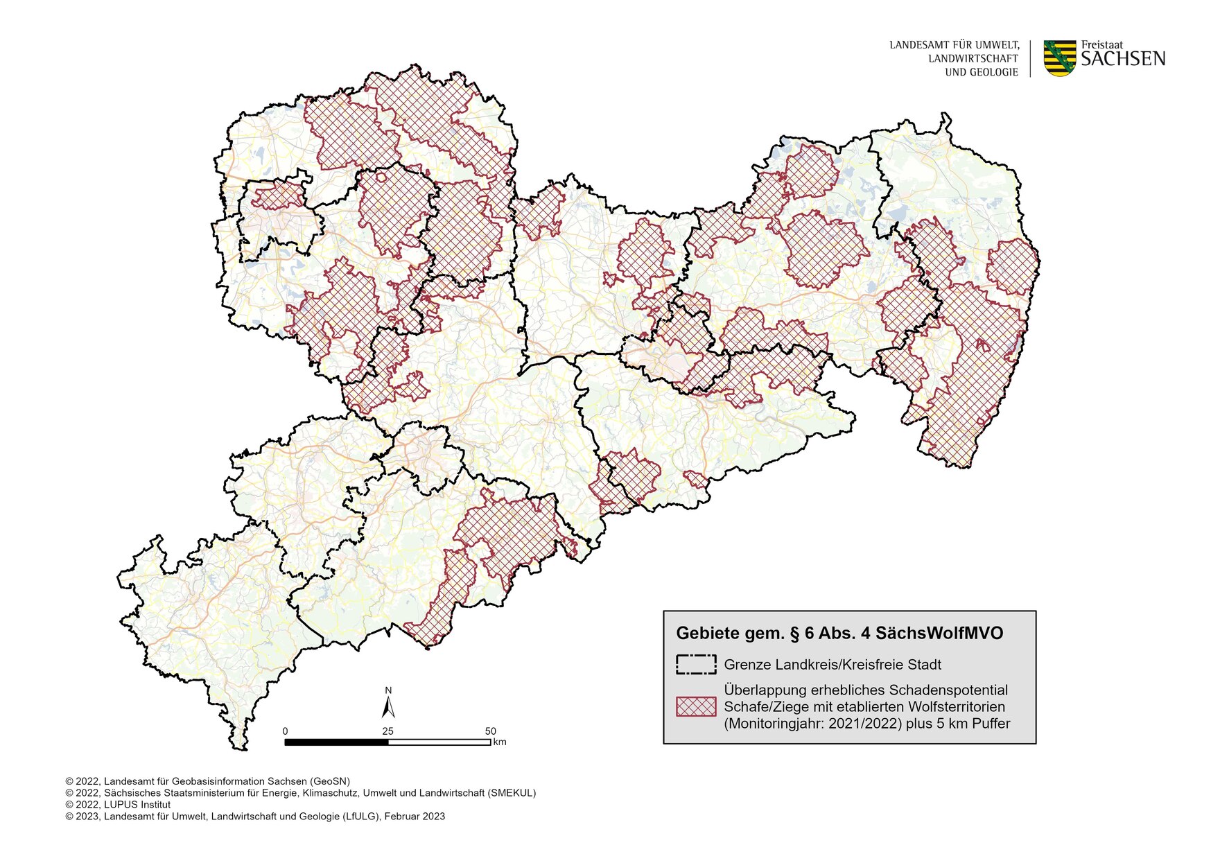 Karte Überlagerung schadenspotential und Wolfsterritorien