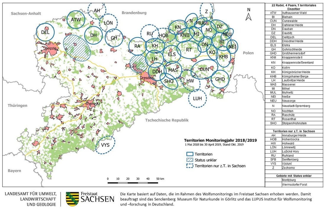 Karte von Sachsen mit Darstellung der bestätigten Wolfsterritorien und Gebiete mit Status unklar im Monitoringjahr 2018/2019