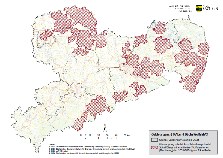 Karte Überlagerung schadenspotential und Wolfsterritorien